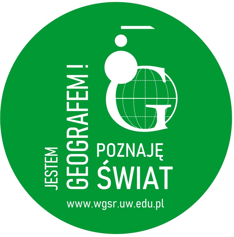 Logo dla Kierunku Geografia na WGSR UW.
Napis Jestem Geografem poznaję świat